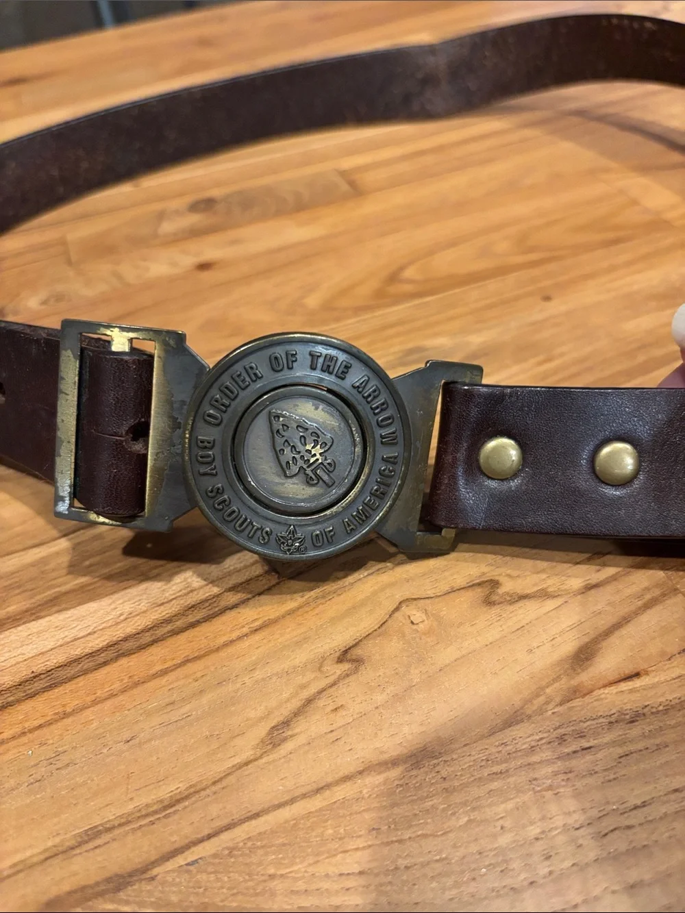 Arrow Brass Round Scout Belt Buckle on Dark Brown Leather